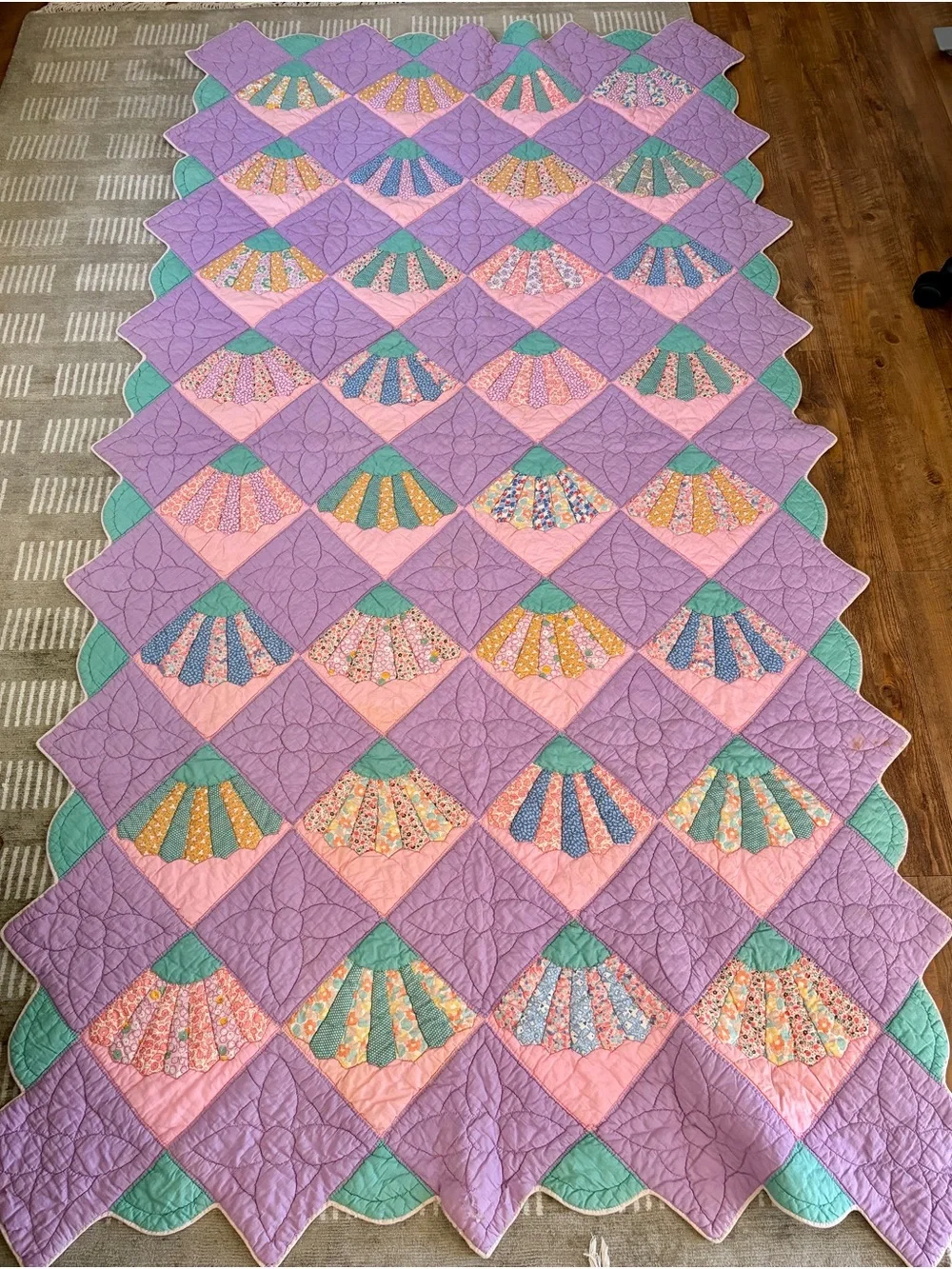 Vintage Lavender Fan Quilt 50x92 - Hand Quilted Scalloped Edge Cottage Quilt